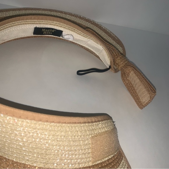 MAGID HAT Beige Straw Sun VISOR Floppy Beach Roll Up WIDE BRIM PACKABLE Bow - Picture 3 of 5